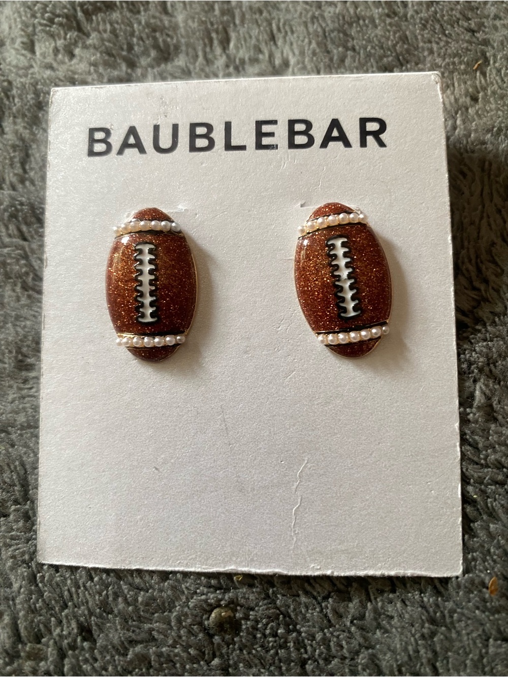 BaubleBar Glitter Brown Football Stud Earrings with Pearl Detail